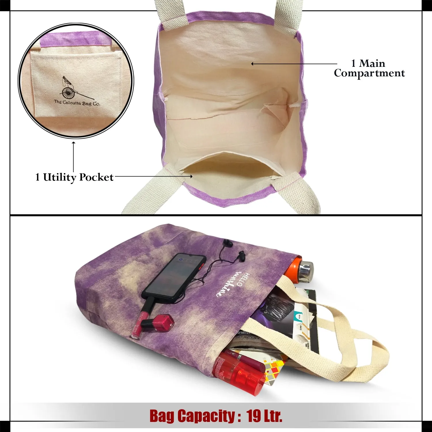 Deeya Cotton Canvas Medium Size Eco Friendly Women's/Ladies Shopping & Beach Bag (Purple, Set of 1)