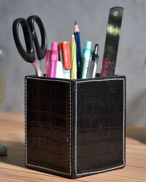 Epic Desk Organizer Faux Leather Croc Square Pen Stand | 4 x 4 x 5 inches