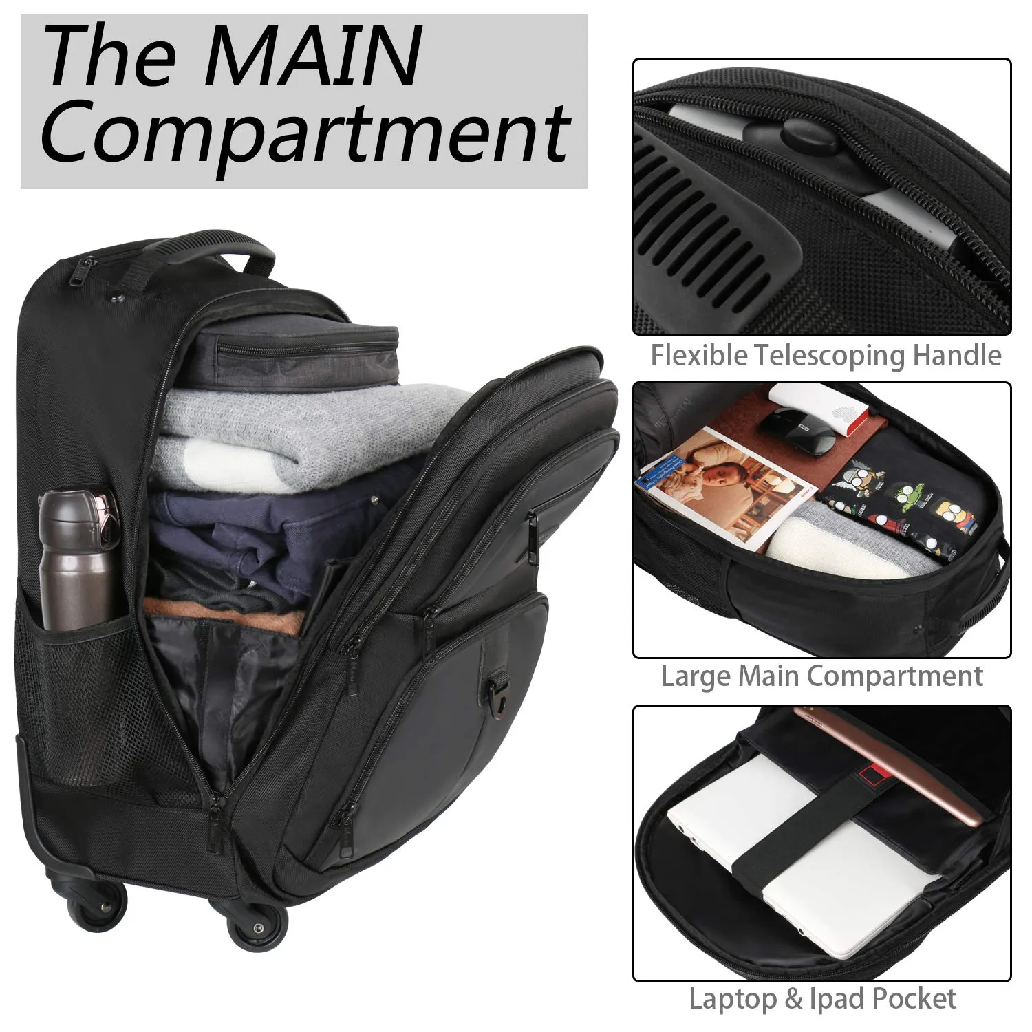 Rolling Backpack for Travel, 4 Wheels Laptop Backpack for Women Men, Water Resistant Business Large Wheeled Backpacks Fits 15.6 Inch Notebook, MATEIN School Luggage Suitcase Bag with Pockets